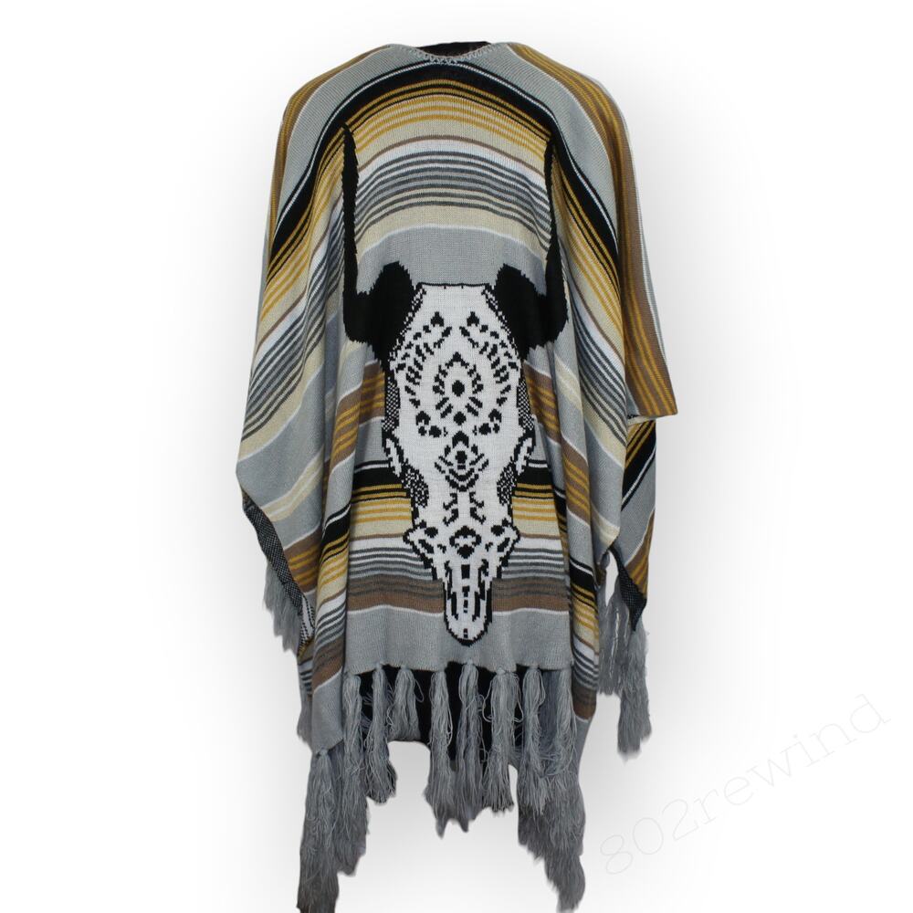 Leto Boho Steer Skull Festival Poncho Abstract Desert Western Striped OS